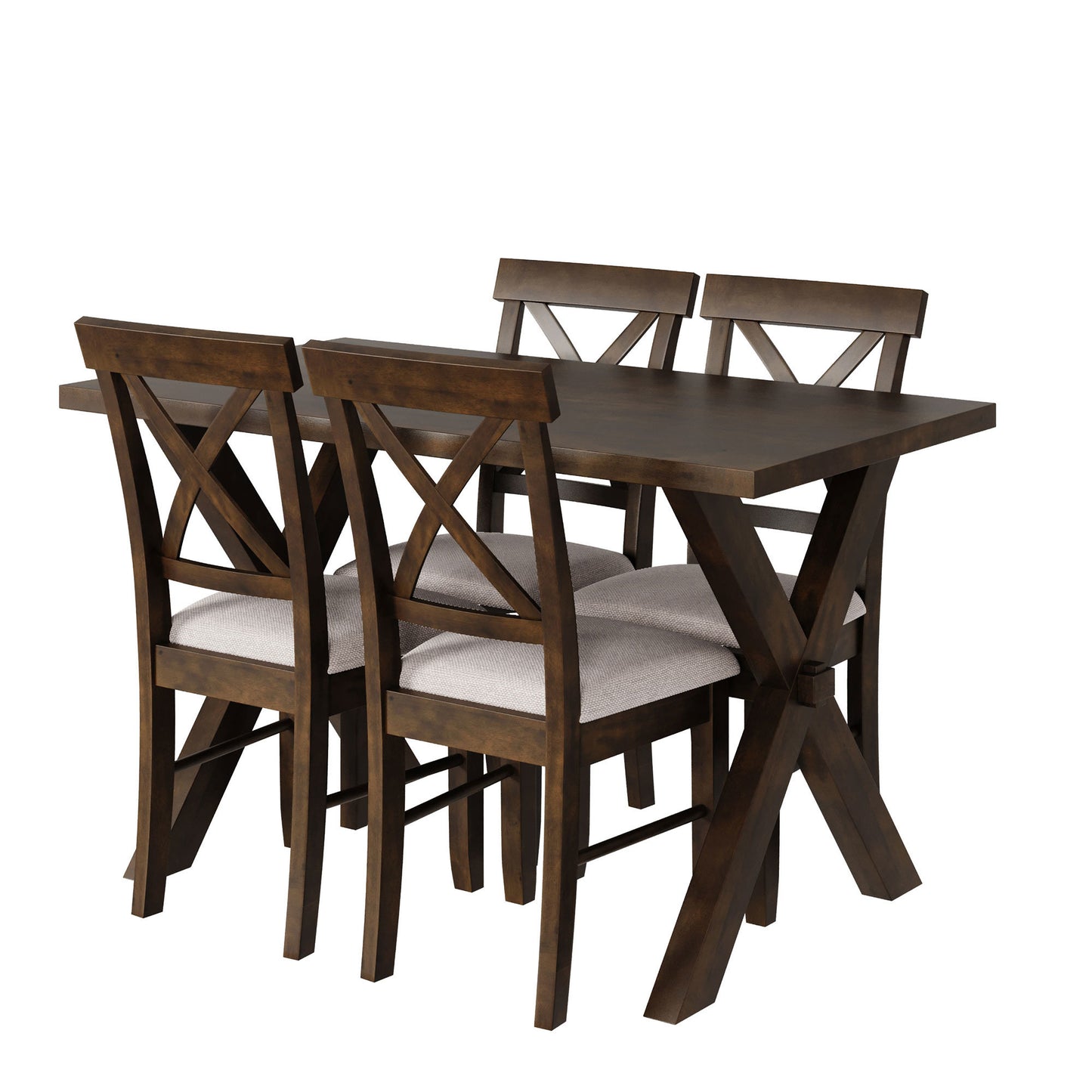 5 Pieces Farmhouse Rustic Wood Kitchen Dining Table Set with Upholstered 4 X-back Chairs