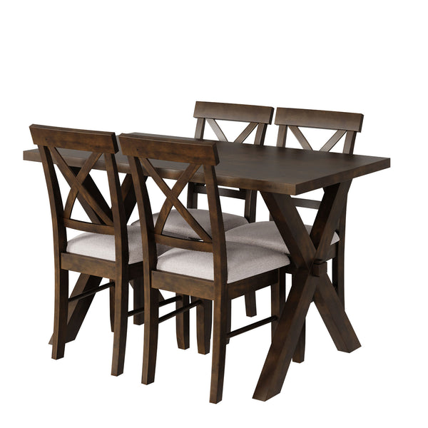 5 Pieces Farmhouse Rustic Wood Kitchen Dining Table Set with Upholstered 4 X-back Chairs