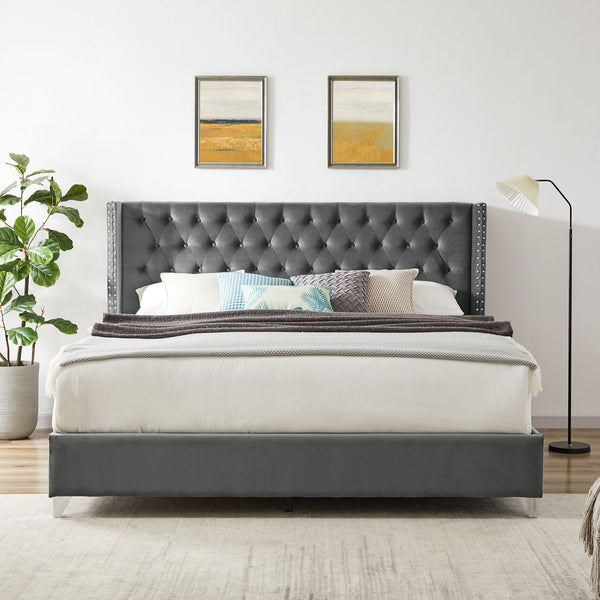 B100S King bed; Button designed Headboard; strong wooden slats + metal legs with Electroplate