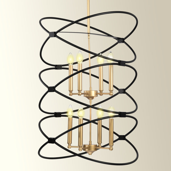 Transitional Gold/Matte Black Metal Chandelier Fixture; 8 lights ; 2-Tier-Candle Ceiling Light for Living Room; Bedroom; Dining Room; Dimmable; E12; W23.6*H55