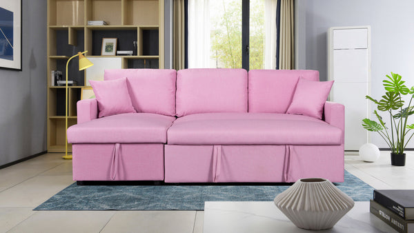 Paisley 82" Pink Linen Fabric Reversible Sleeper Sectional Sofa with Storage Chaise