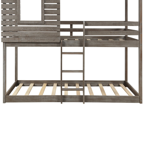 Twin Over Twin Bunk Bed Wood Loft Bed with Roof; Window; Guardrail; Ladder ( Antique Gray )