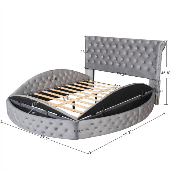 Queen Size Round Shape Upholstery Low Profile Storage Platform Bed with Storage Space on both Sides and Footboard