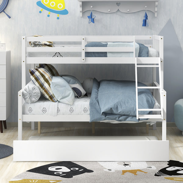 Twin Over Full Bunk Bed with Trundle; Convertible into 2 Beds; the Bunk Bed with Ladder and Safety Rails for Kids; Teens; Adults; White (Old Sku:W504S00030)