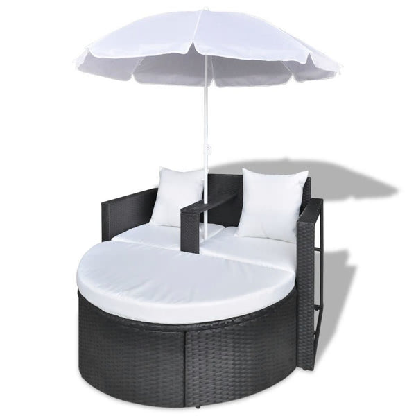 Garden Bed with Parasol Black Poly Rattan