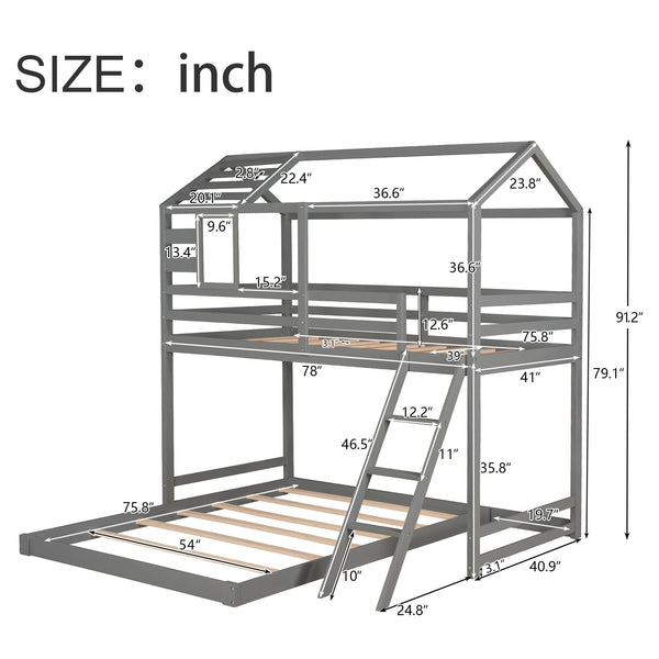 Twin over Full House Bunk Bed with Ladder and Window,Full-Length Guardrail