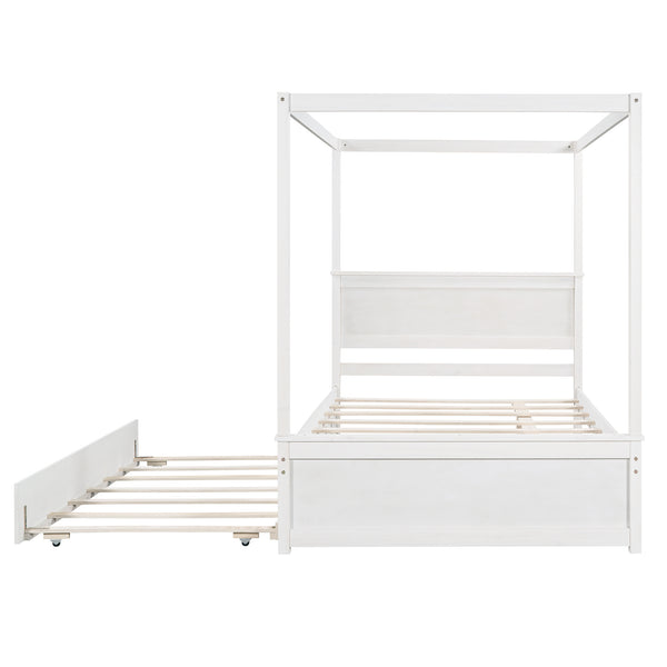 Wood Canopy Bed with Trundle Bed ; Full Size Canopy Platform bed With Support Slats .No Box Spring Needed; Brushed White