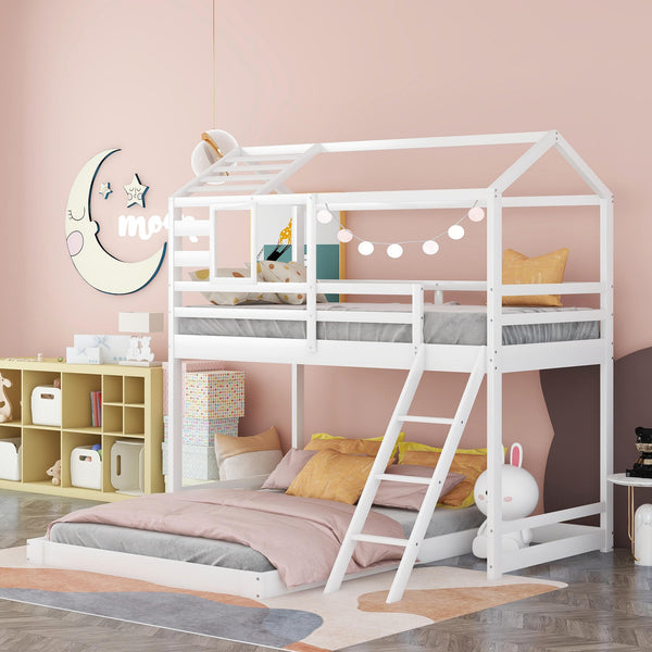 Twin over Full House Bunk Bed with Ladder and Window,Full-Length Guardrail