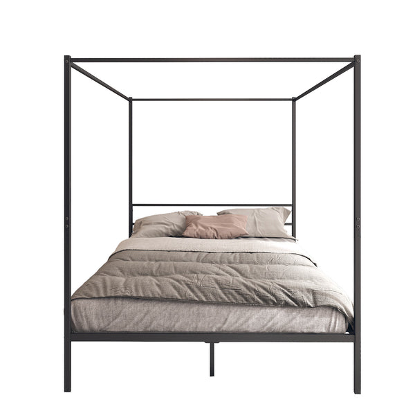 Canopy Bed Frame Queen Size Black Metal 4 Poster Modern Post Corner With Headboard, Black