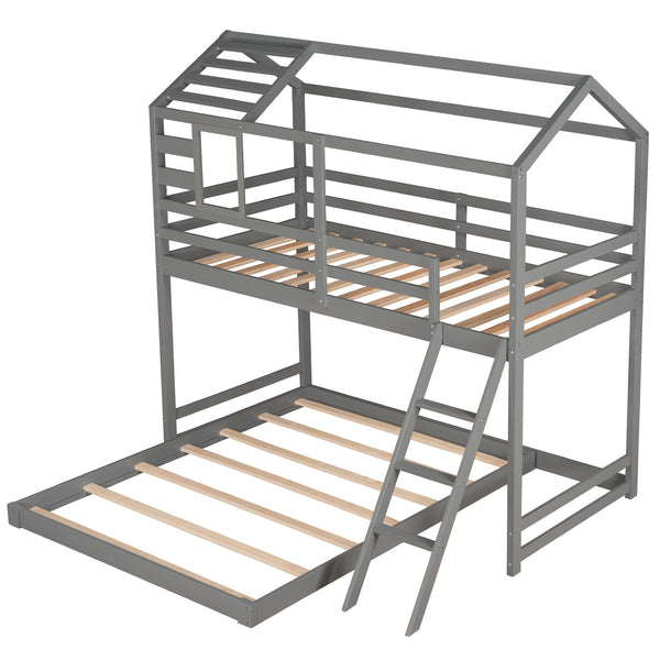 Twin over Full House Bunk Bed with Ladder and Window,Full-Length Guardrail