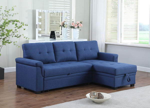 Lucca 84" Blue Linen Reversible Sleeper Sectional Sofa with Storage Chaise