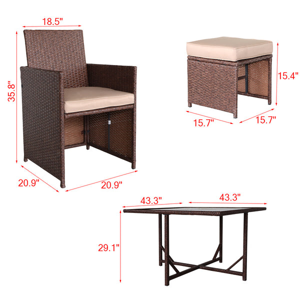 9 Pieces Wood Grain PE Wicker Rattan Dining Ottoman with Tempered Glass Table Patio Furniture Set  YJ