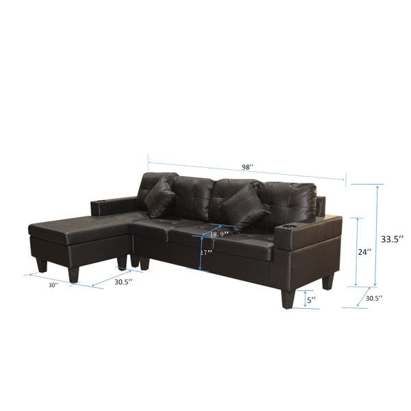 Sectional Sofa Set for Living Room with L Shape  Chaise Lounge ,cup holder and  Left or Right Hand Chaise  Modern 4 Seat (BLACK)