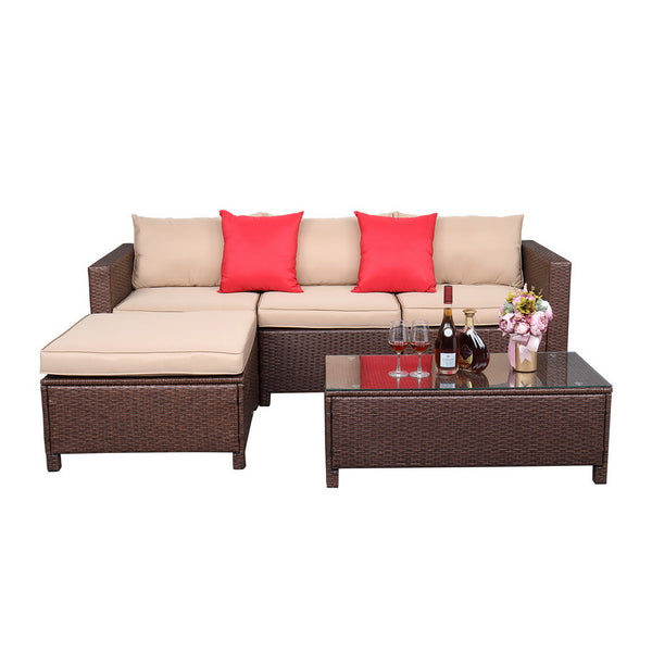 Outdoor 5-Piece Set patio furniture Sectional Sofa Sets All Weather Rattan Manual Wicker Conversation Set with Cushions and Table XH