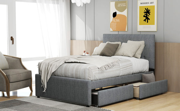 Linen Upholstered Platform Bed With Headboard and Two Drawers, Full