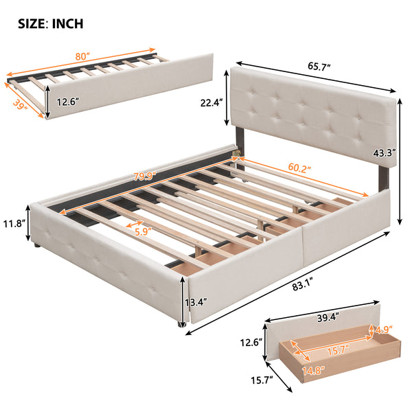 Upholstered Platform Bed with 2 Drawers and 1 Twin XL Trundle;  Linen Fabric;  Queen Size