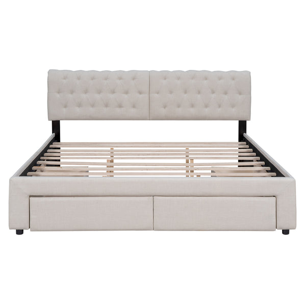 King Size Upholstery Platform Bed with Four Drawers; Beige