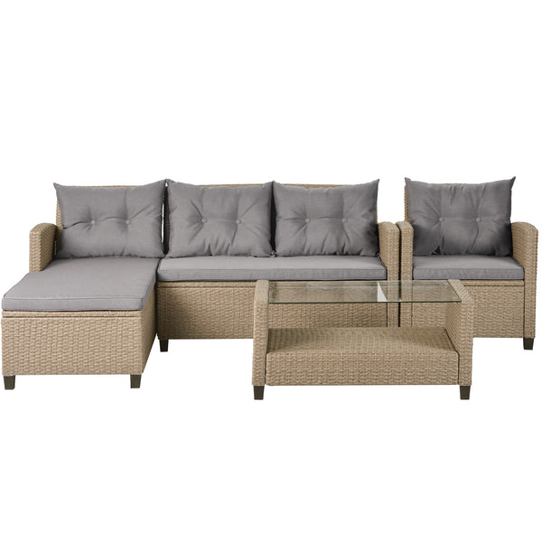 Outdoor, Patio Furniture Sets, 4 Piece Conversation Set Wicker Ratten Sectional Sofa with Seat Cushions(Beige Brown)