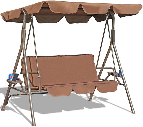 Durable Outdoor 2-Seat Swing with Teapoy Weather Resistant Canopy Powder Coated Steel Frame Swinging Hammock with Removable Cushion for Patio