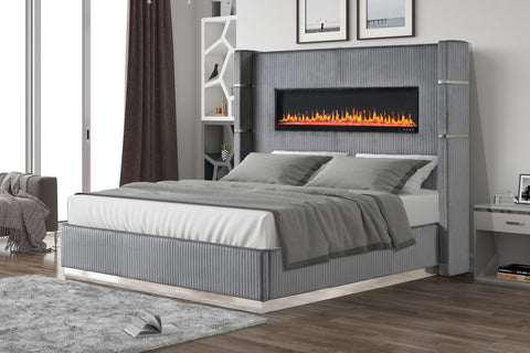 Lizelle Upholstery Wooden King Bed with Ambient lighting in Gray Velvet Finish