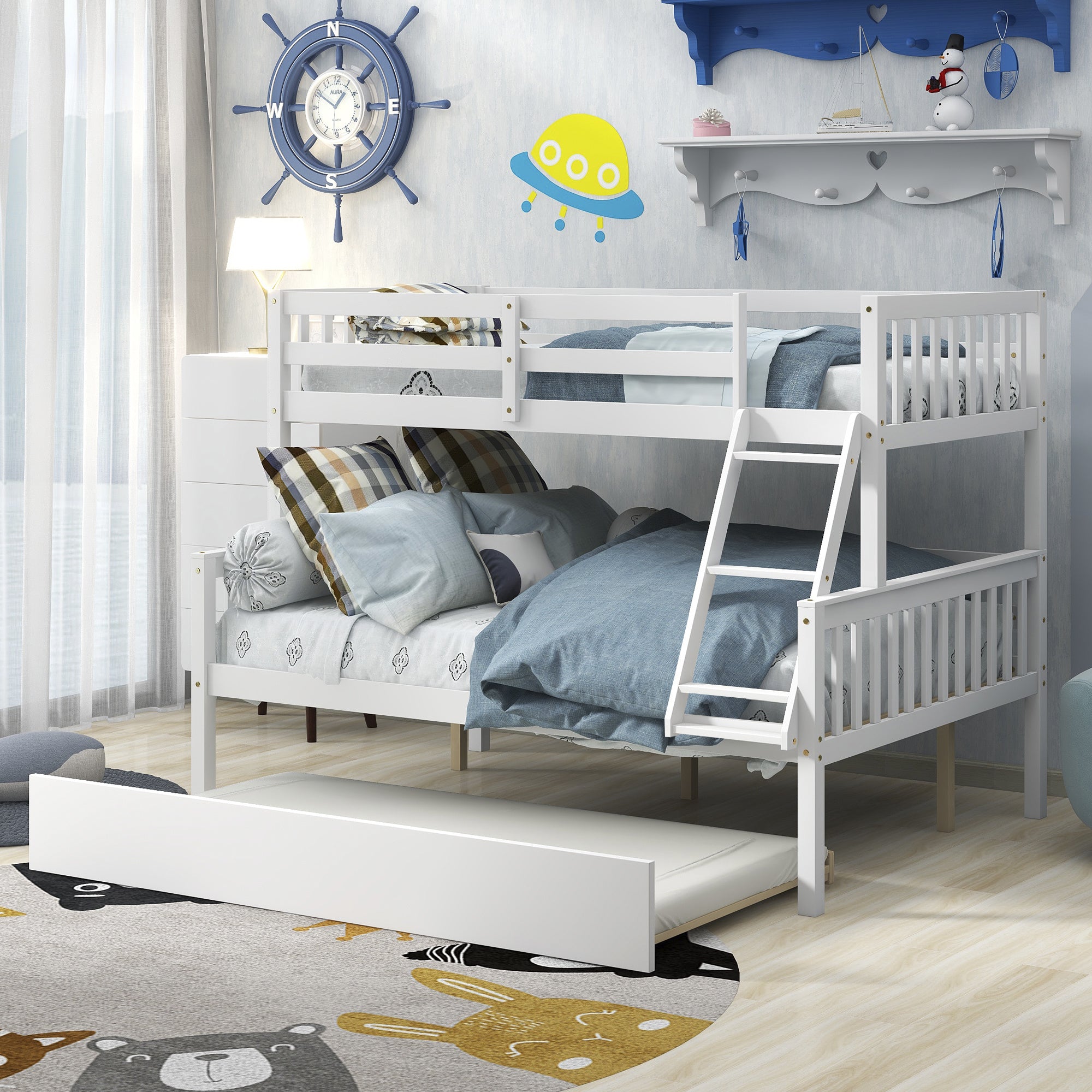 Twin Over Full Bunk Bed with Trundle; Convertible into 2 Beds; the Bunk Bed with Ladder and Safety Rails for Kids; Teens; Adults; White (Old Sku:W504S00030)