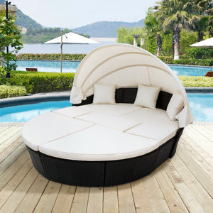 Outdoor rattan daybed sunbed with Retractable Canopy Wicker Furniture, Round Outdoor Sectional Sofa Set, black Wicker Furniture Clamshell Seating with Washable Cushions, Backyard, Porch