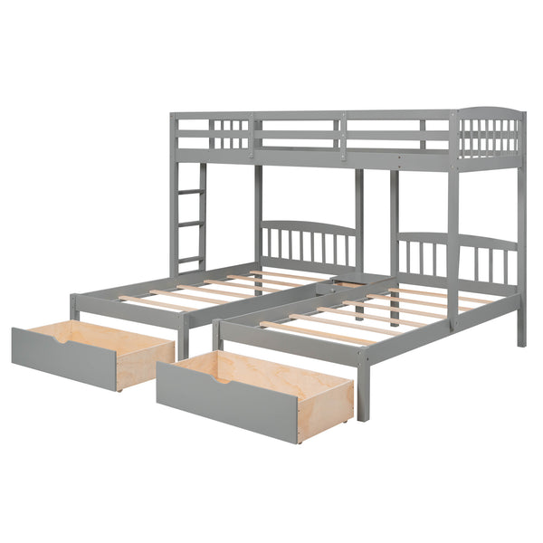 Twin over Twin & Twin Bunk Bed with Two Drawers and Built-in Middle Drawer