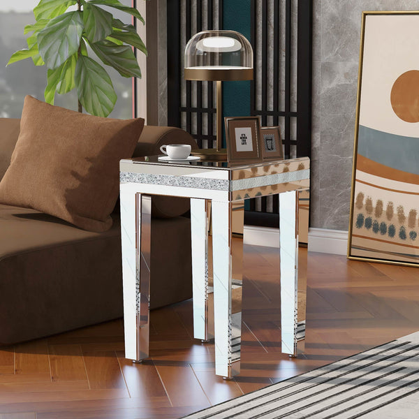 ON-TREND Fashionable Modern Glass Mirrored Side Table, Easy Assembly End Table with Crystal Design and Adjustable Height Legs, Silver