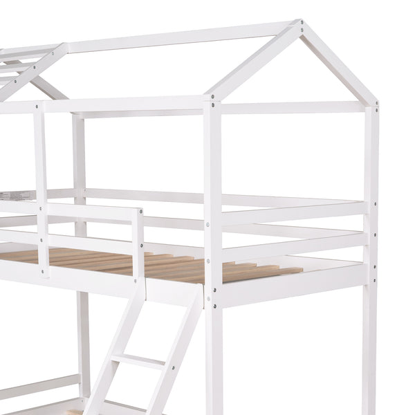 Twin over Full House Bunk Bed with Ladder and Window,Full-Length Guardrail