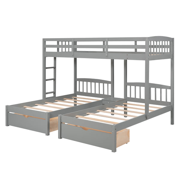 Twin over Twin & Twin Bunk Bed with Two Drawers and Built-in Middle Drawer