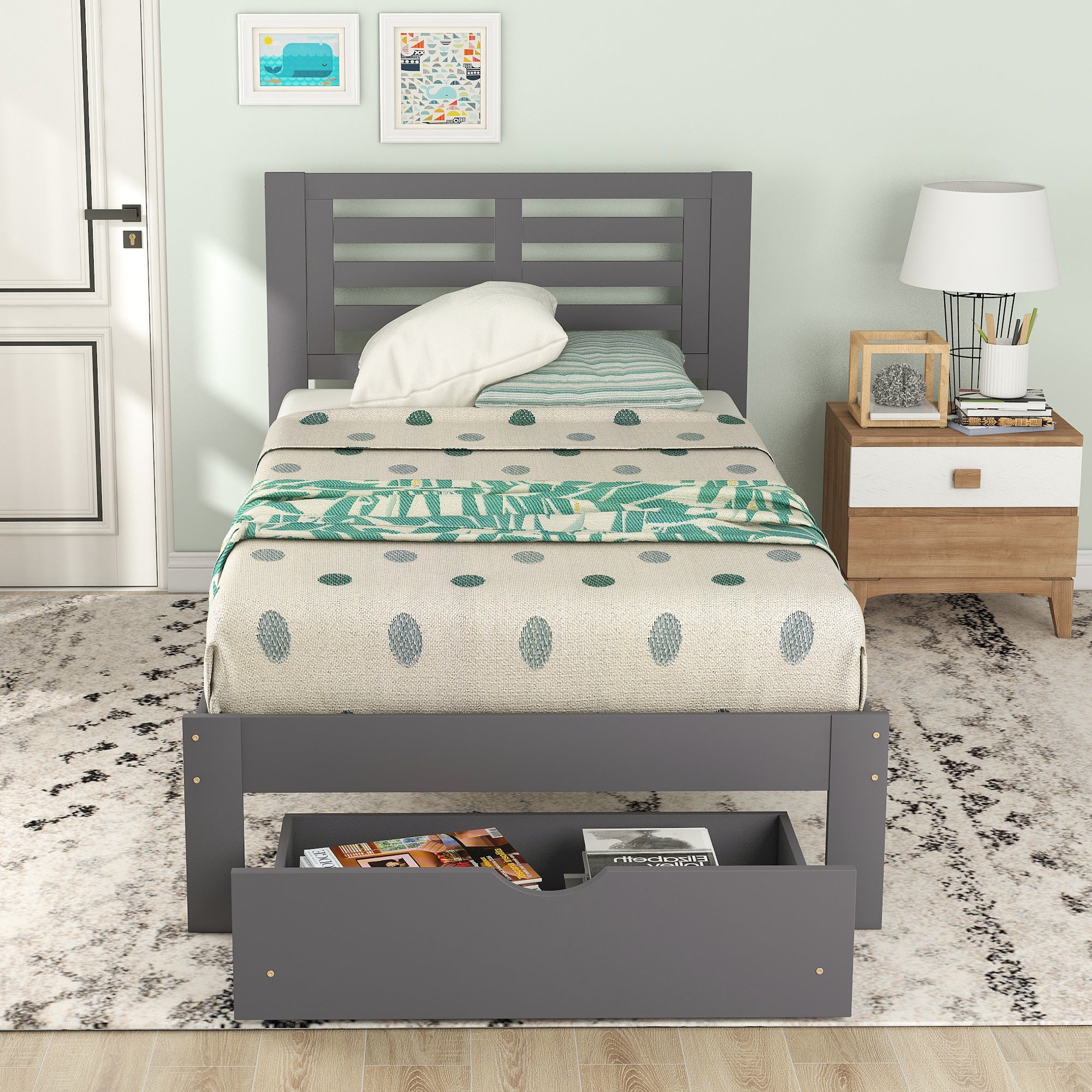 Twin Size Platform Bed with Drawer, Gray(New, expected to arrive on March 15) RT