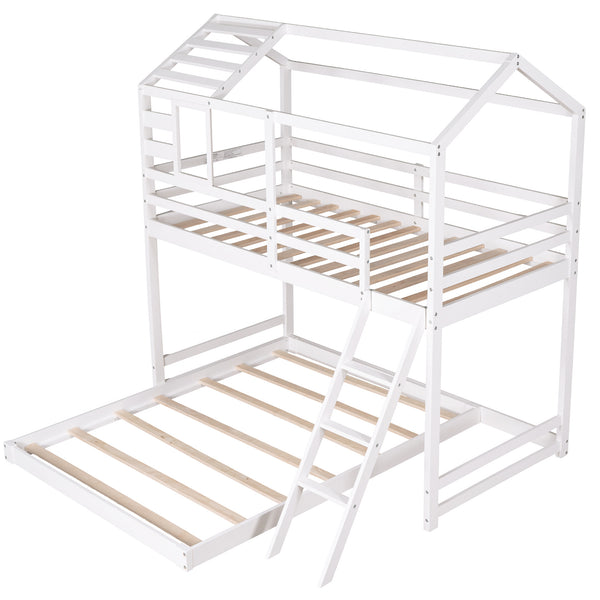 Twin over Full House Bunk Bed with Ladder and Window,Full-Length Guardrail