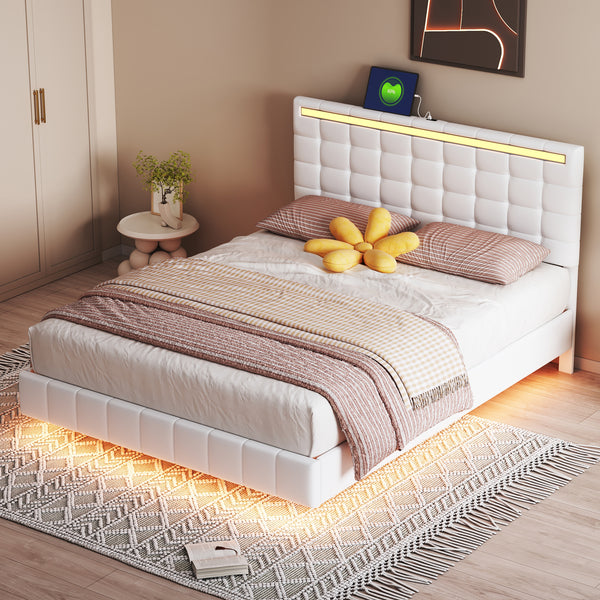 Queen Size Floating Bed Frame with LED Lights and USB Charging,Modern Upholstered Platform LED Bed Frame,White