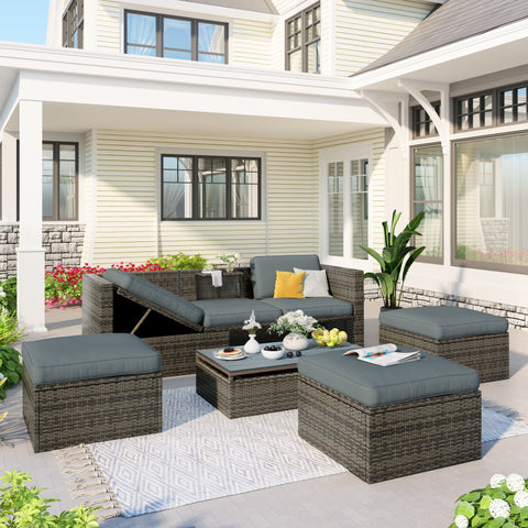 Patio Furniture Sets;  5-Piece Patio Wicker Sofa with Adustable Backrest;  Cushions;  Ottomans and Lift Top Coffee Table