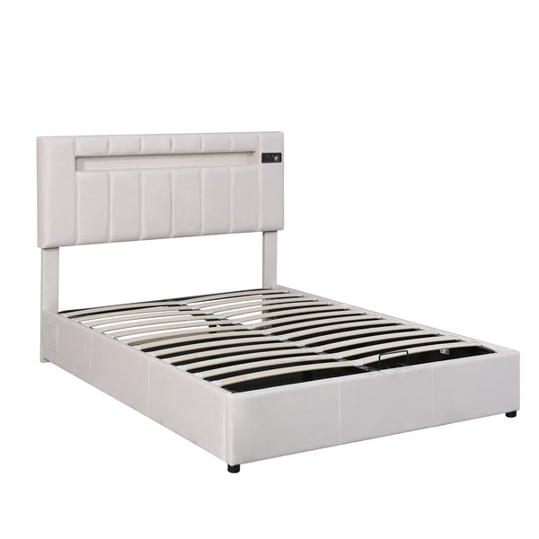 Upholstered Bed Full Size with LED light;  Bluetooth Player and USB Charging;  Hydraulic Storage Bed in Velvet Fabric