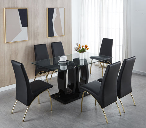 Contemporary Tempered Glass Top Double Pedestal Dining Table;  size 63" x 35.4" x 29.5" (Black or White)