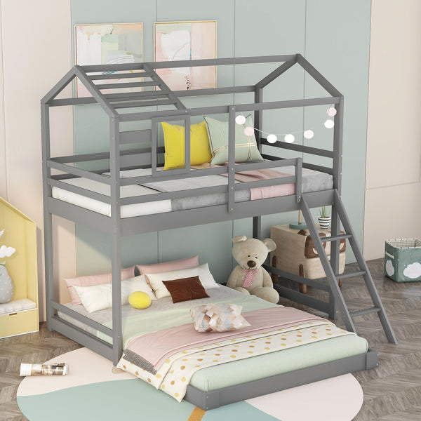 Twin over Full House Bunk Bed with Ladder and Window,Full-Length Guardrail