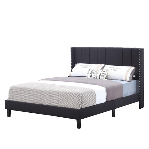 Bed Frame Set, Beds Headboard with Wings & Platform & Slats, Fabric/Queen/Black