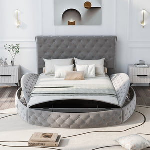 Queen Size Round Shape Upholstery Low Profile Storage Platform Bed with Storage Space on both Sides and Footboard