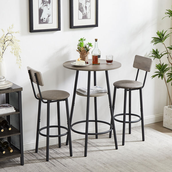 Bar Table Set with 2 Bar stools PU Soft seat with backrest (Grey; 23.62''L*23.62''W*35.43''H)