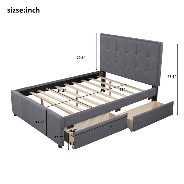 Linen Upholstered Platform Bed With Headboard and Two Drawers, Full