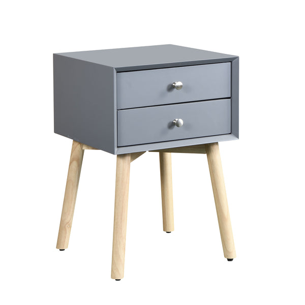 Side Table with 2 Drawer and Rubber Wood Legs, Mid-Century Modern Storage Cabinet for Bedroom Living Room Furniture, Gray