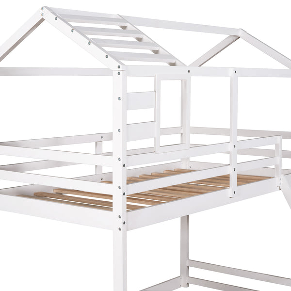 Twin over Full House Bunk Bed with Ladder and Window,Full-Length Guardrail