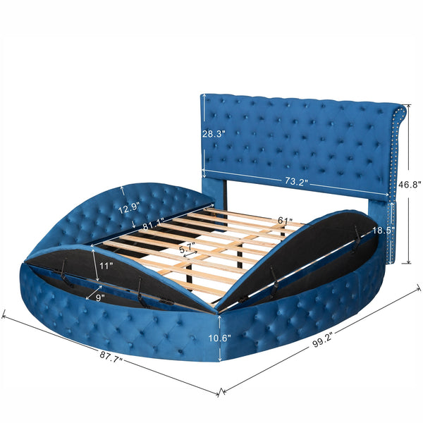 Queen Size Round Shape Upholstery Low Profile Storage Platform Bed with Storage Space on both Sides and Footboard