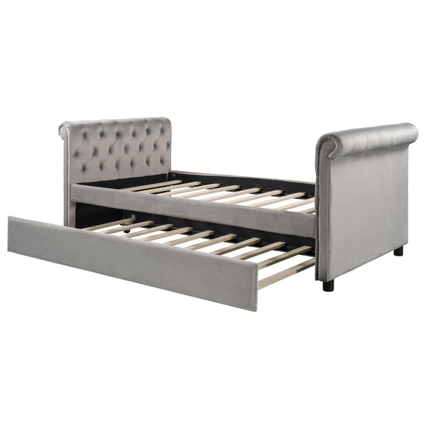 Twin Size Upholstered daybed with Trundle; Wood Slat Support; Gray