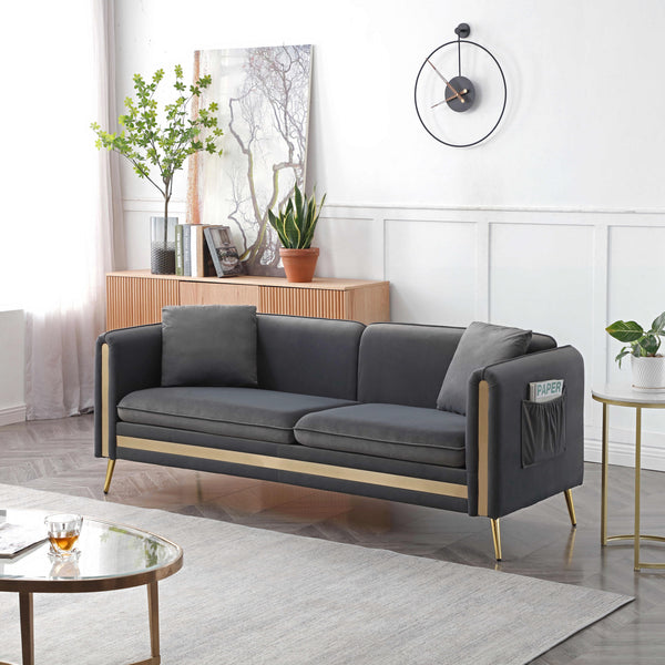 77.2' Modern Upholstered Velvet Sofa 3 Seater Couch with Removable Cushions Side Pocket Mid-Century Tufted Living Room Set Gold Metal Legs,2 Pillows Included