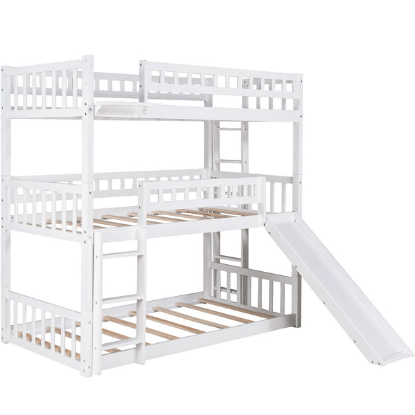 Twin-Over-Twin-Over-Twin Triple Bed with Built-in Ladder and Slide ; Triple Bunk Bed with Guardrails; White