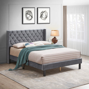 Upholstered Bed with Wings Design - Strong Wood Slat Support - Easy Assembly - Dark Gray Velvet, Queen, platform bed