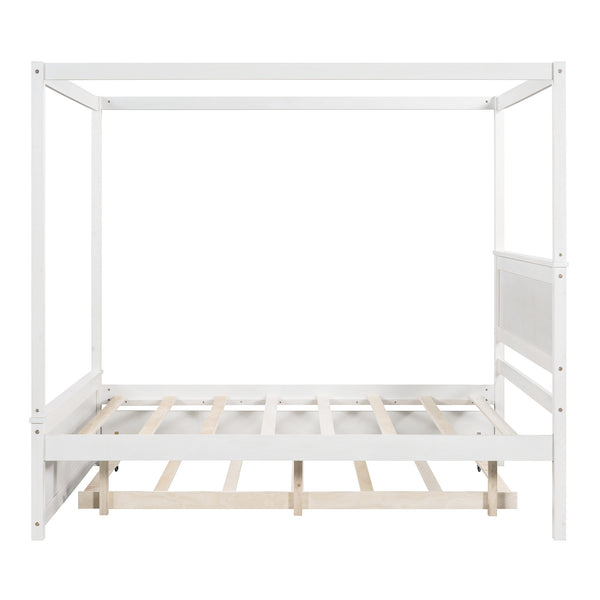 Wood Canopy Bed with Trundle Bed ; Full Size Canopy Platform bed With Support Slats .No Box Spring Needed; Brushed White