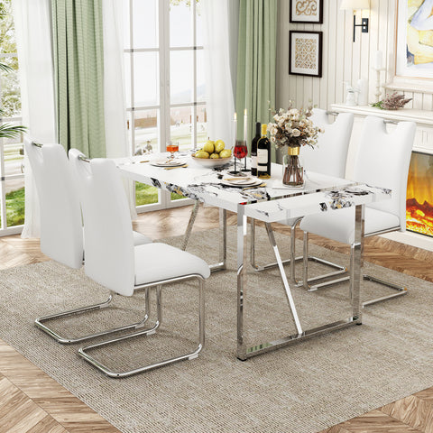 5-Piece Dining Table Chairs Set, Rectangular Dining Room Table Set for 4, Modern Dining Table with 4 PU Leather Chairs for Kitchen Dining Room, White